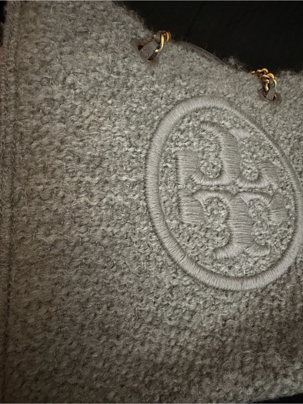 Tory Burch Gray Pebbled Wool Logo Tote with Gold-Tone Accents